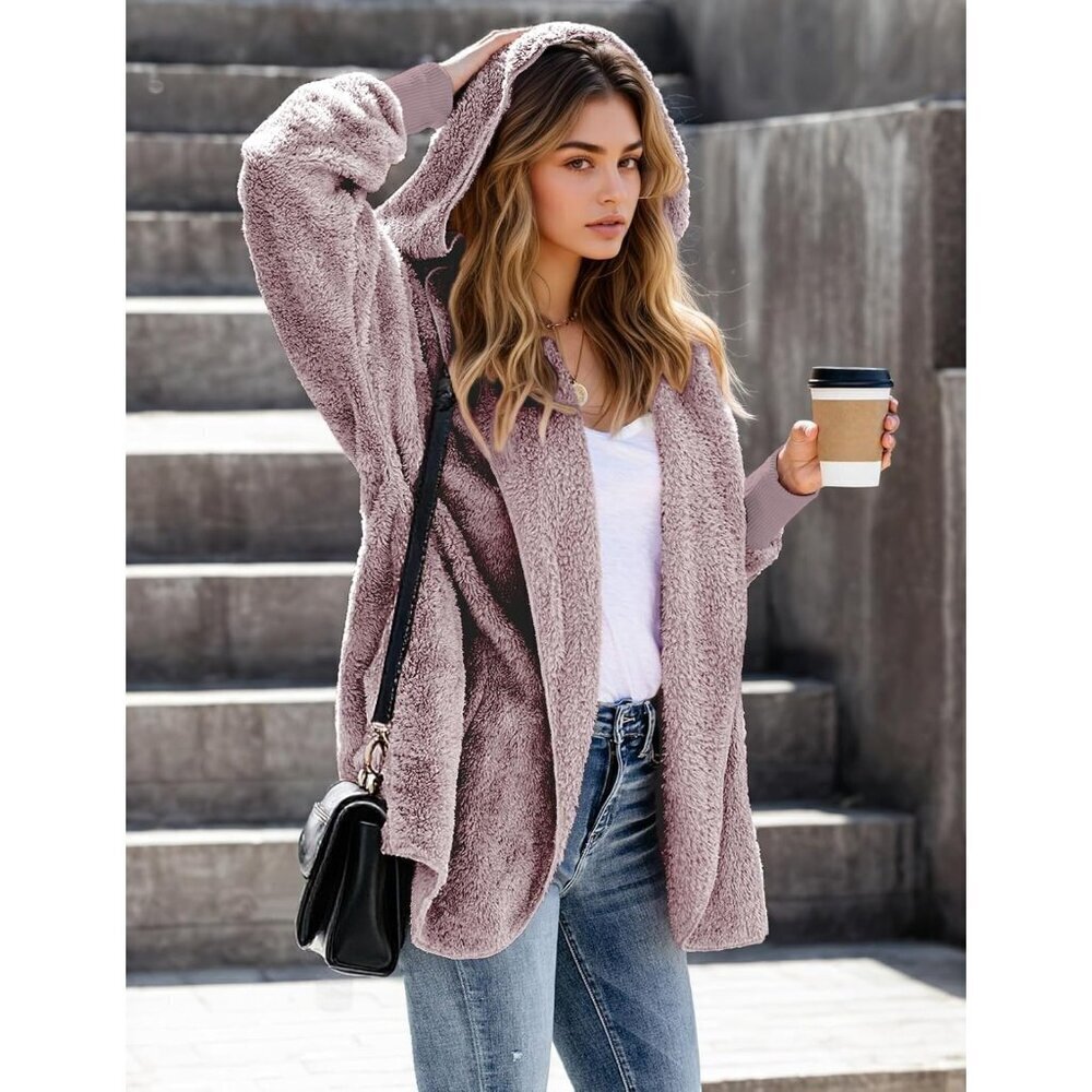 Women Hooded Cardigan Fuzzy Jacket Winter Open Front Fleece Coat Outwear with Po - Picture 2 of 6